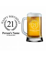Personalised beer glass for 21st birthday gift.