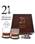 Personalised 21st birthday gift boxes with engraved whiskey glass and more.