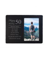 Personalised 50th birthday photo frame with timeline design.
