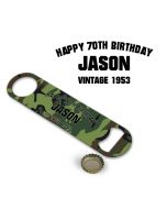 Personalised camouflage bottle openers for 70th birthday gifts.