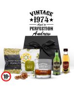 Personalised aged to perfection Scotch Whisky gift sets with gourmet treats and engraved tumbler glass.