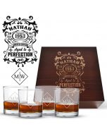 Personalised birthday gift whiskey glass box set with aged to perfection design and customised glasses with initials.