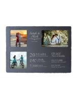 Personalised slate photo frame with three images and anniversary timeline design.