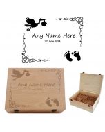 Personalised stork design keepsake boxes for new parents and baby.
