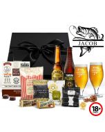 Craft beer gift boxes with gourmet treats, chocolates and two personalised fishing themed stemmed beer glasses.