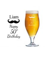 50th birthday gift beer glass with moustache design