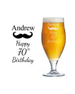 70th birthday gift beer glass with moustache design