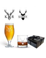 Beer and tumbler glass gift set with stag design.
