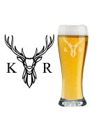 Personalised beer glasses with stag head design and two initials engraved.
