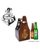 Beer caddy with personalised anchor design.