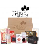 Gourmet treat luxury gift boxes with personalised happy birthday design for women.
