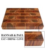 Luxury Rimu wood butcher block chopping boards engraved with eat drink love personalised design for couples in New Zealand