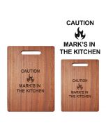 Fun design personalised wood chopping boards with caution theme.