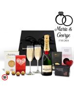 Personalised wedding rings design Champagne gift boxes with Moet and artisan chocolates.