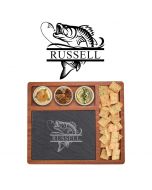 Personalised cheese board with fishing themed design and any name.