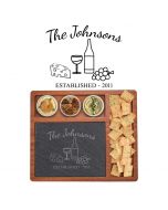 Personalised cheese and wine themed cheese board gift set with family name.
