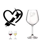 Crystal wine glasses engraved with love heart and New Zealand islands design