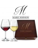 Personalised wine glasses and wood box gift set with initial and name engraved.