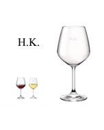 Personalised wine glasses with small initials engraved.