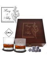 Personalised pine wood box with two tumbler glasses and accessories.