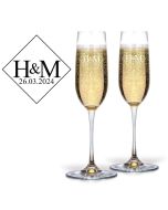 Personalised Champagne glasses with contemporary diamond design with initials and date engraved.