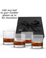 four tumblers with any text engraved on the glass, all in front of a black gift box