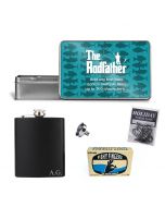 The Rodfather fishing themed personalised gift set with hip flask
