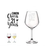 Personalised birthday gift wine glass with cheer to 21 years design.