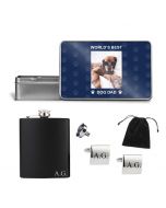 personalised gift tin, hip flask and cufflinks