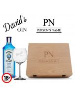 Personalised wood box gin gift set with initials and name.