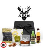 Grants & Glenfiddich Scotch Whisky gift boxes with a personalised stag design tumbler glass.