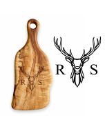 Solid wood food serving paddle boards engraved stag head design and initials