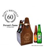 Personalised pine wood beer caddy for 60th birthday gifts