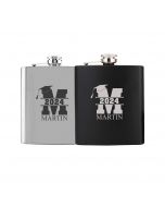 Personalised graduation gift hip flasks with initial, name and year engraved.