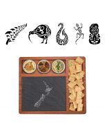 Hardwood and slate cheese board gift sets with Kiwiana engraved designs.