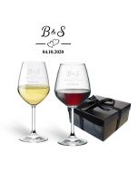Personalised wine glasses box sets with love heart design.