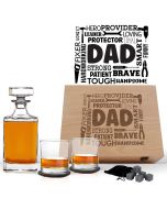 Luxury hardwood decanter box sets with dad themed word cloud and tools design.