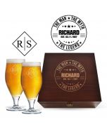 Personalised beer glasses box sets with the man, the myth, the legend design.