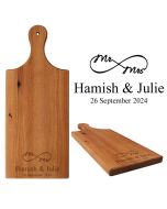 Rimu wood food platter boards engraved with Mr and Mrs eternity symbol and couple's names and date