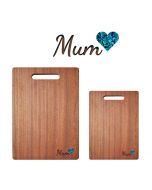 Engraved wood chopping boards with Paua shell love heart design and the word mum engraved.