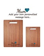 Personalised wood chopping boards with Paua shell heart and mum themed design.