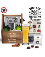 Vintage aged to perfection birthday gift beer caddy set.