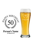 Personalised birthday gift beer glasses with happy birthday rosette design.