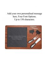 Personalised slate cheese boards with engraved text on a slate insert.
