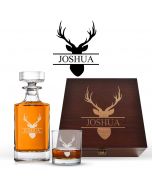 Wood box crystal decanter gift sets with an engraved stag design with name through the centre.