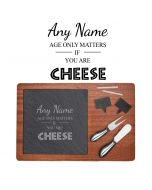 Personalised cheese boards with a funny age only matters design.