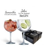 Personalised Gin glasses gift set with funny designs.