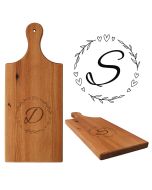 Rimu wood serving paddle platter boards engraved with leafy love hearts round board and initial