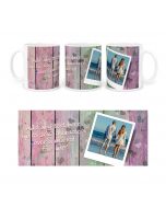 Personalised photo mugs with love heart background.