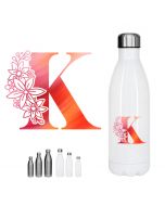 Personalised reusable drinks bottle with colourful floral themed initial design.
